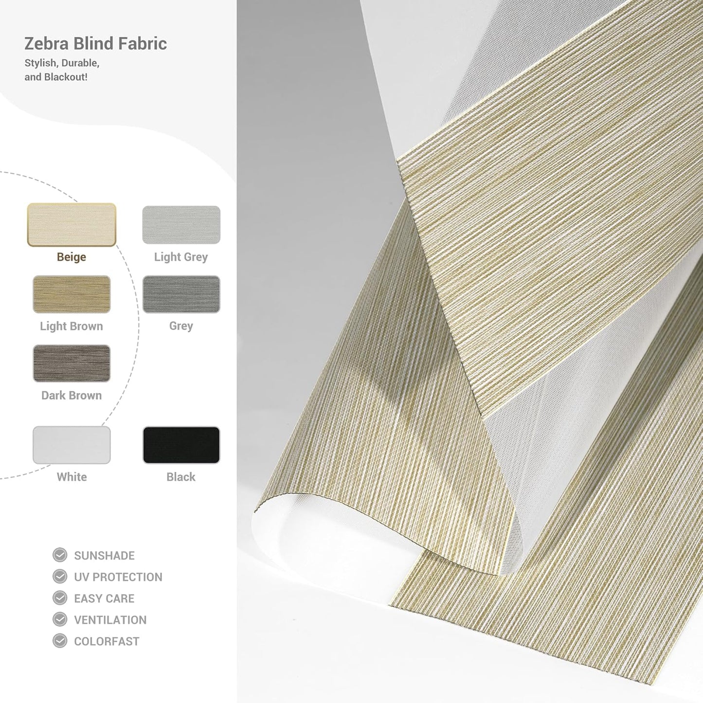 Cordless Zebra Blinds for Windows, Blackout Interior Blinds,Easy to Install,UV Protection,for Offices and Home,Custom Roller Shades, Mousse Beige,18" W x 56" H
