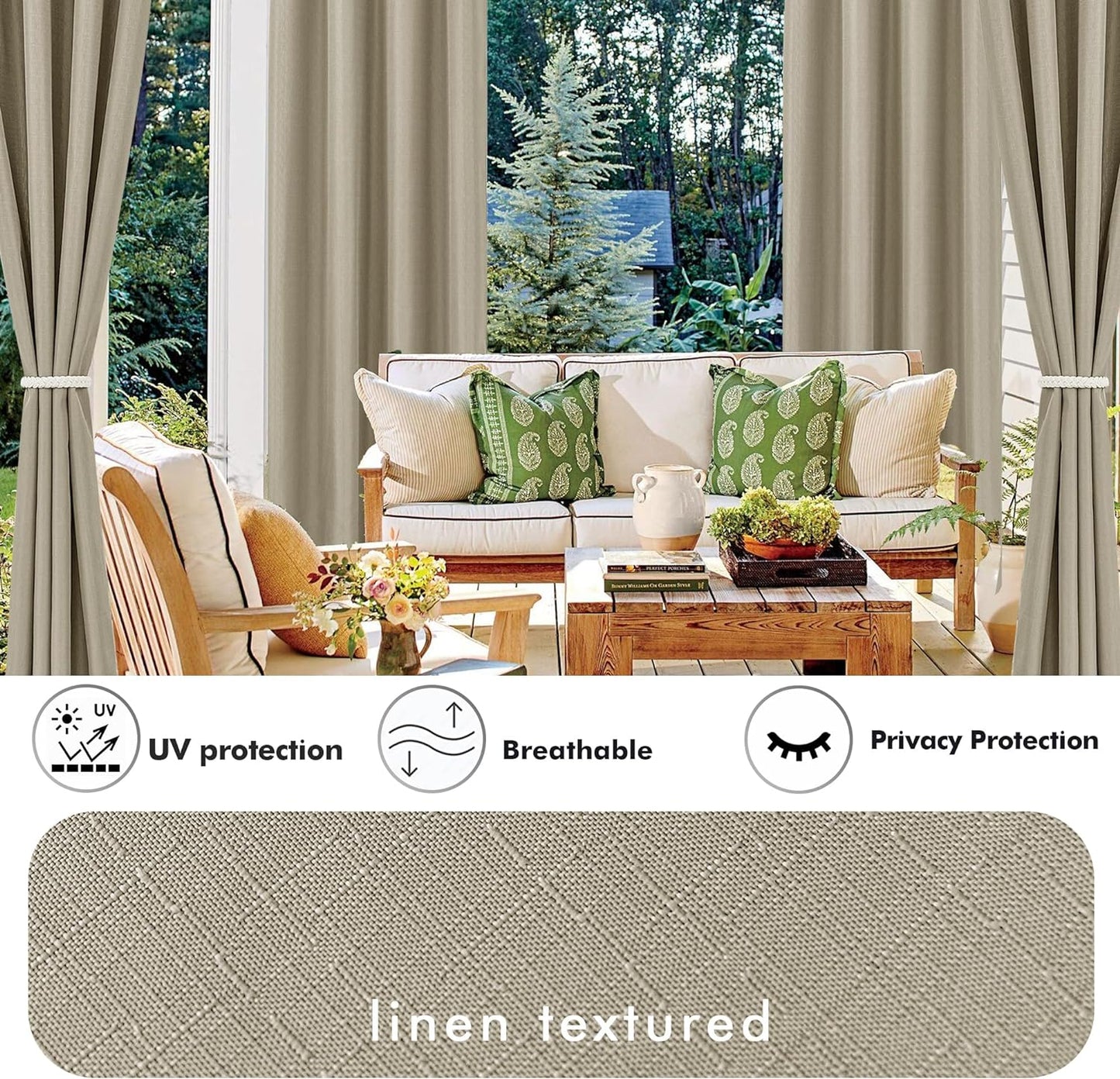 HolidayIdeas 4 Panels Linen Outdoor Curtains for Patio Waterproof Taupe Outside Curtains 110"x84"-Gazebo Wide Curtains Weighted Privacy for Pergola, Porch, Cabana, Living Room, Backyard, Pavilion