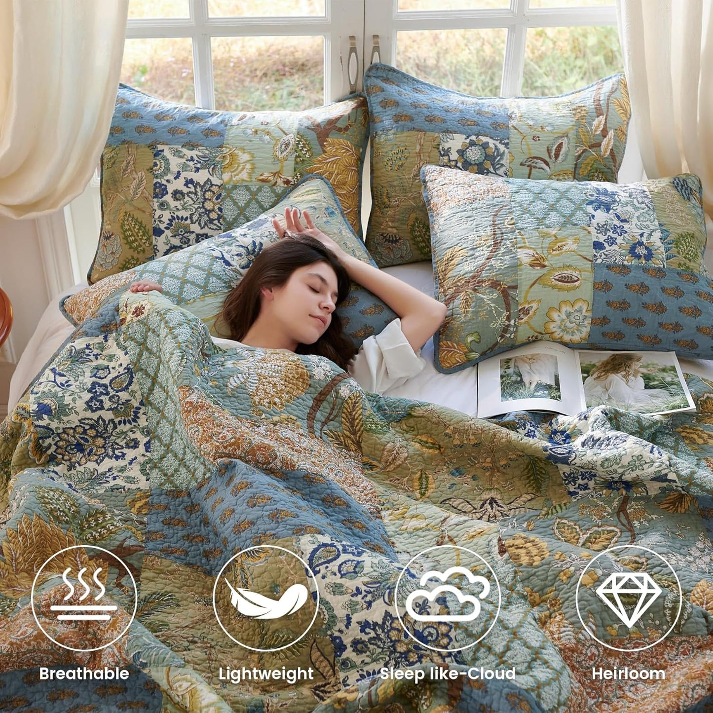 Secgo Queen Comforter Set for Bed - 100% Cotton Quilts Queen Size, Green, Sage Bedspreads (90 * 98 Inch) with 2 Pillow Shams, Patchwork Reversible Lightweight Bedding