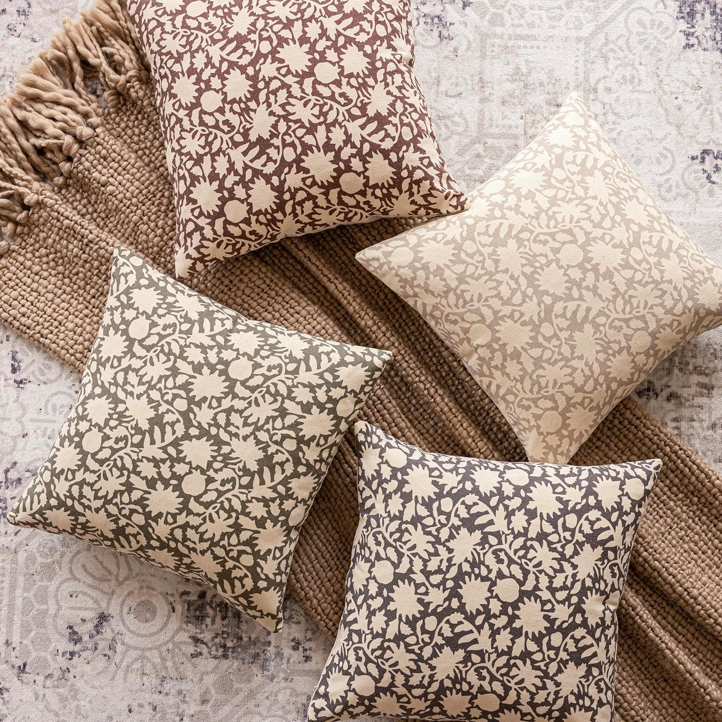 Foindtower Set of 2 Decorative Neutral Floral Throw Pillow Covers Accent Farmhouse Cushion Covers Boho Vintage Pillowcase for Couch Sofa Bedroom Living Room Home Decor Outdoor,24×24 Inch,Sage Green