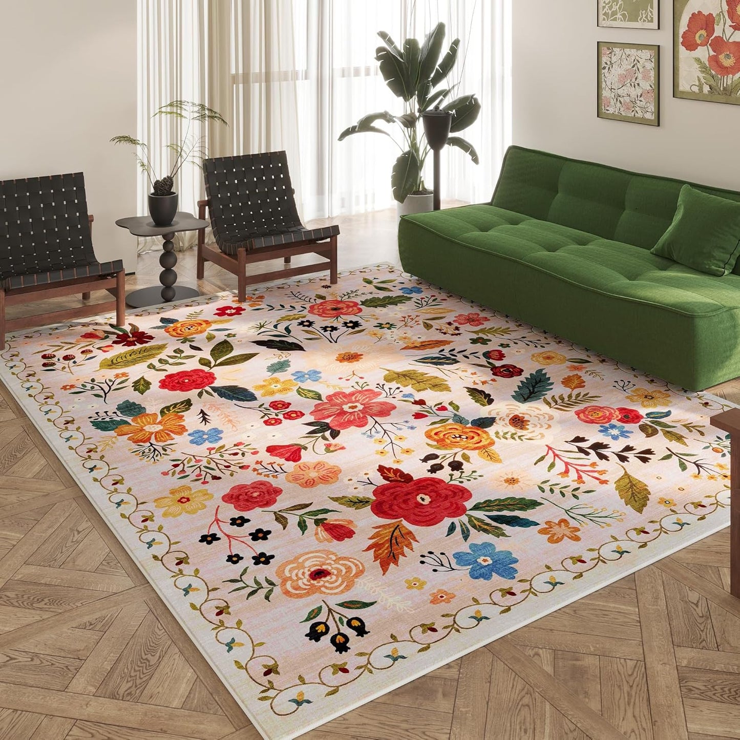 Area Rugs 9x12 Living Room Clearance Washable Boho Rug Non Slip Floral Vintage Low Pile Large Rug for Living Room, Bedroom, Farmhouse, Dining Room, Kids Playroom(Beige)