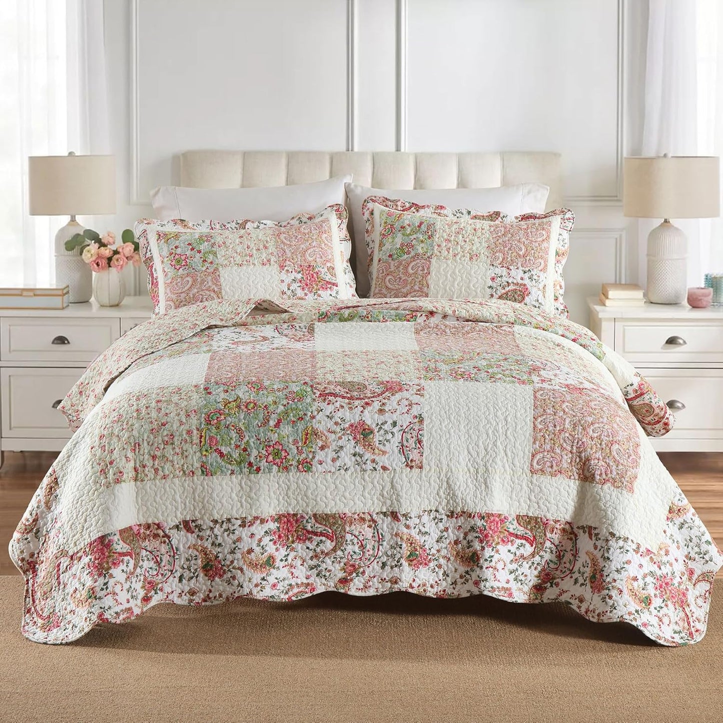 Secgo Queen Comforter Set for Bed - 100% Cotton Quilts Queen Size, Black Bedspreads (90 * 98 Inch) with 2 Pillow Shams, Patchwork Reversible Lightweight Bedding