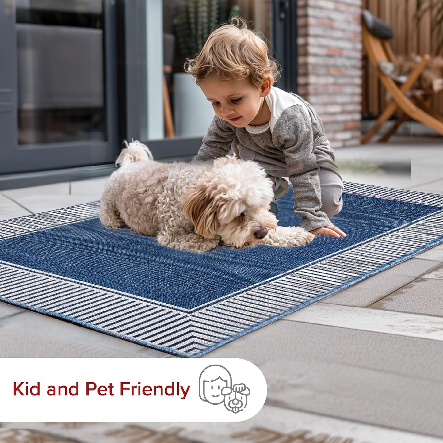 nuLOOM 3'6" x 5' Outdoor Area Rug, Casual Design With Striped Border, Stain Resistant, Highly Durable, For Patio, Balcony, Bedroom, Living Room, Dining Room, Bathroom, Navy