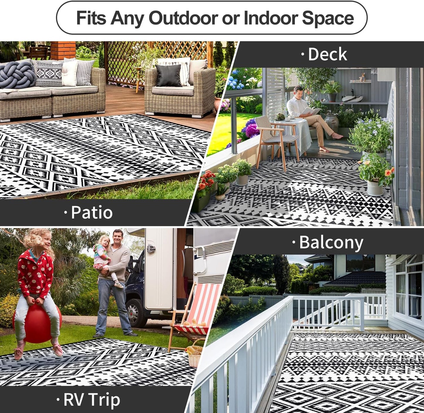Waterproof Outdoor Rug 8x10ft, Bohemia Reversible Plastic Straw Mat for Patio RV Deck Porch Backyard Balcony Camping Picnic Beach Indoor Outdoor Carpet, Black&White
