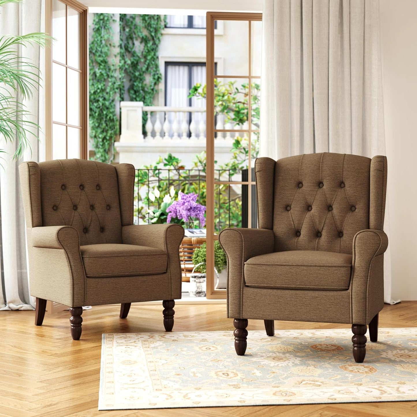 Accent Chair, Upholstered Armchair with Button Tufted High Back & Solid Wood Legs, Comfy Wingback Reading Single Sofa Chair for Small Spaces, Living Room, Bedroom (Brown, Set of 1)
