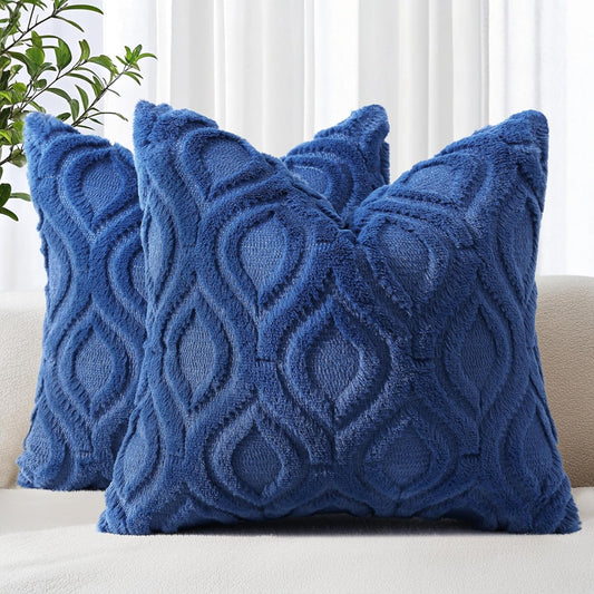 decorUhome Fall Throw Pillow Covers 16x16 Inch Set of 2, Soft Plush Decorative Faux Fur Dark Blue Solid Couch Pillow Covers, Accent Farmhouse Neutral Square Euro Pillow Cases for Sofa Bed Living Room