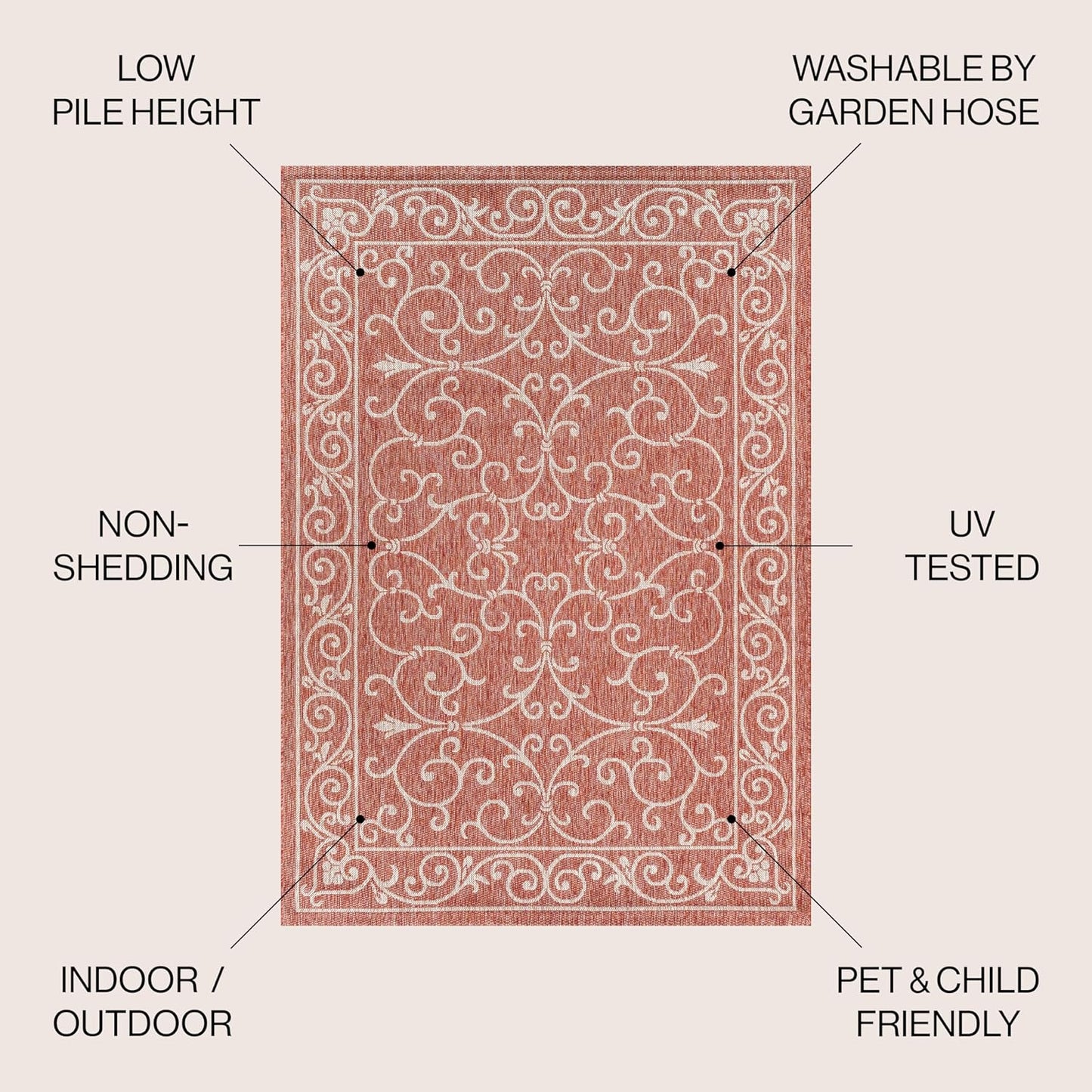 JONATHAN Y Vintage Filigree Indoor Outdoor Round Area Rug 9 Ft Red/Beige, Charleston Textured Weave for Backyard, Patio, Porch, Easy-Cleaning, High Traffic, Pet-Friendly, Non-Shedding (SMB106B-9R)