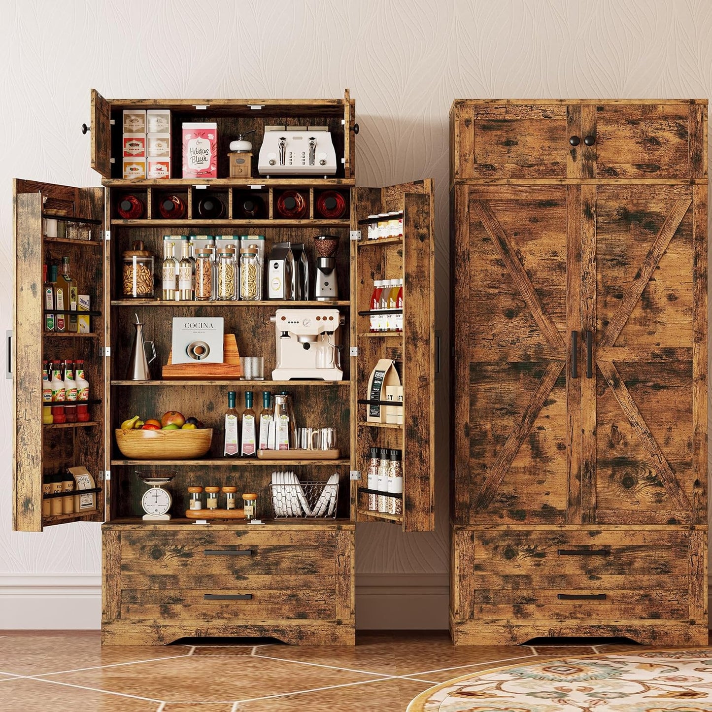 IRONCK Kitchen Pantry 72" Height, with 8 Hanging Shelves, 2 Drawers and Open Storage Cabinet, Freestanding Cupboard for Dining Room Living Room,Vintage Brown
