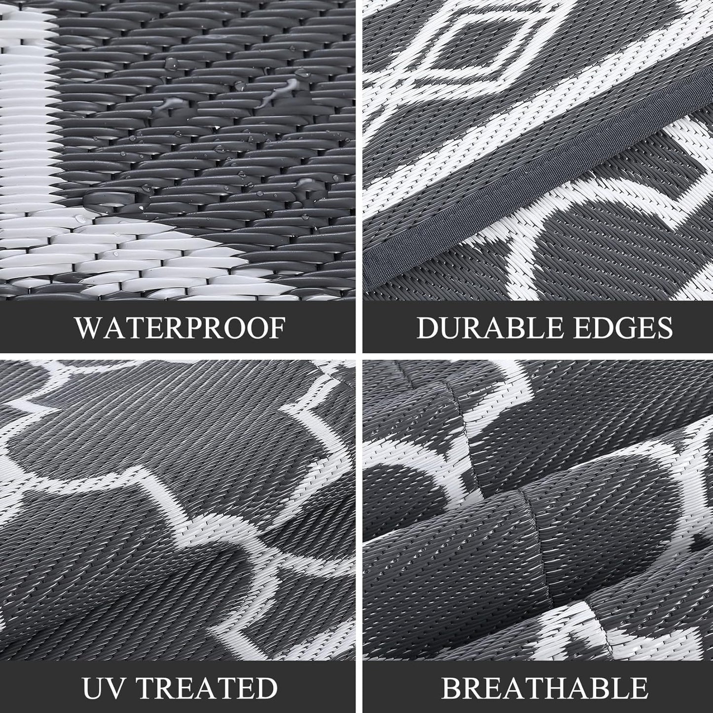 GAOMON Outdoor Rug Waterproof 8'x10', Reversible Outdoor Plastic Straw Rug, Boho Patio Rug, Indoor Outdoor Carpet, RV Mat Outside for Patio, Camp, Picnic, Balcony, Deck, Grey/White(Geometric)