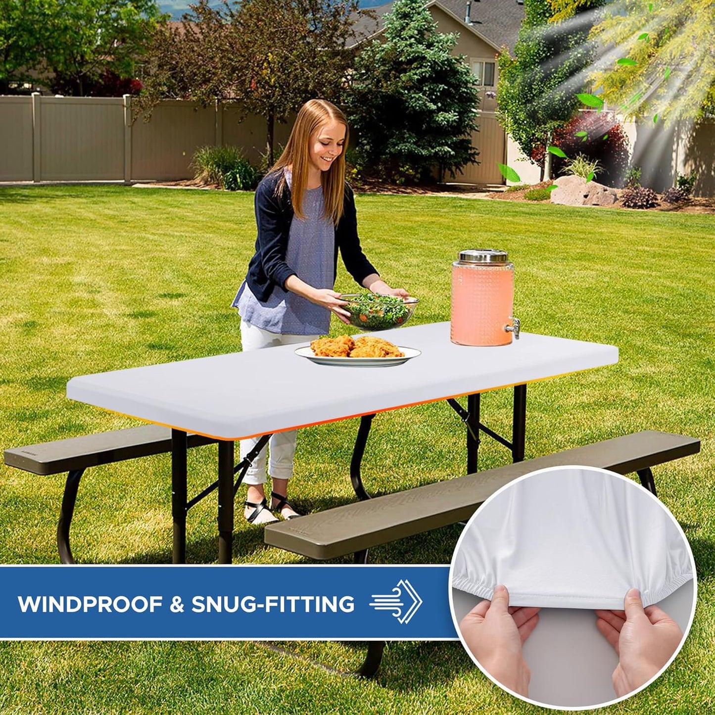 Fitted Tablecloth for 8 Foot Rectangle Tables-4 Pack White Elastic Outdoor Picnic Table Cover-Spandex Stretch Folding Table Cloths 8ft for Camping Dining Room Patio Kitchen Banquet Party