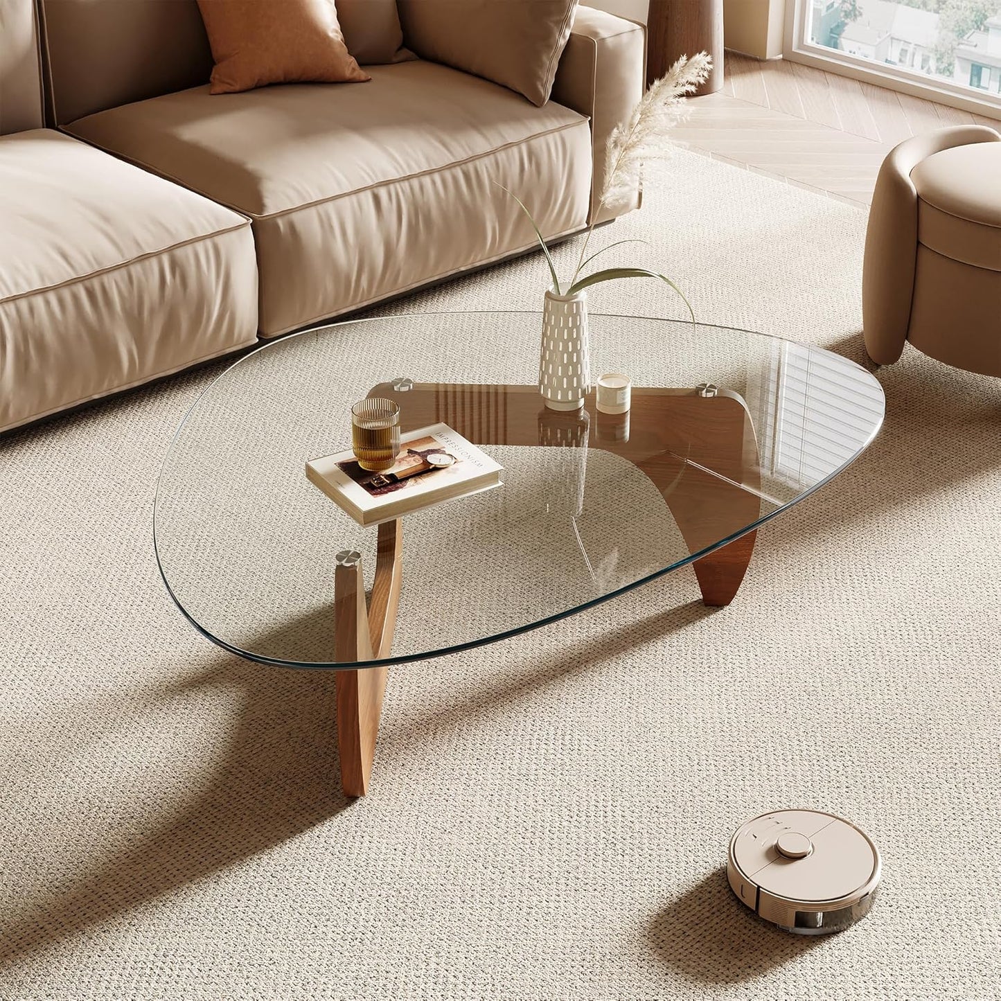 Honyee Morden Coffee Table, 42.5" x 28.5" x 16.1" Triangle Tempered Glass Top for Living Room, Color: Natural Wood