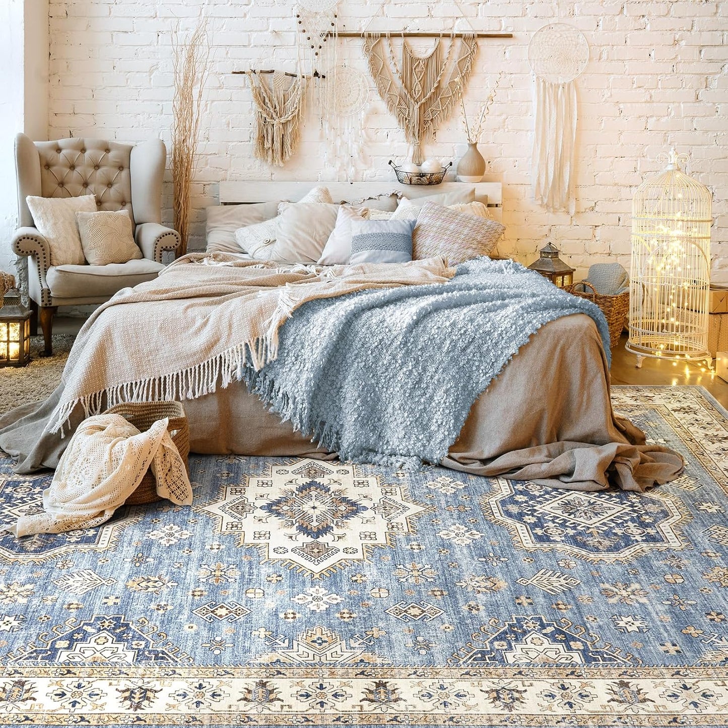 Washable Area Rugs for Living Room -9x12 Neutral Vintage Distressed Floral Farmhouse Boho Large Soft Floor Rug Indoor Non Slip Carpet for Living Room Bedroom Dining Room Office - Blue