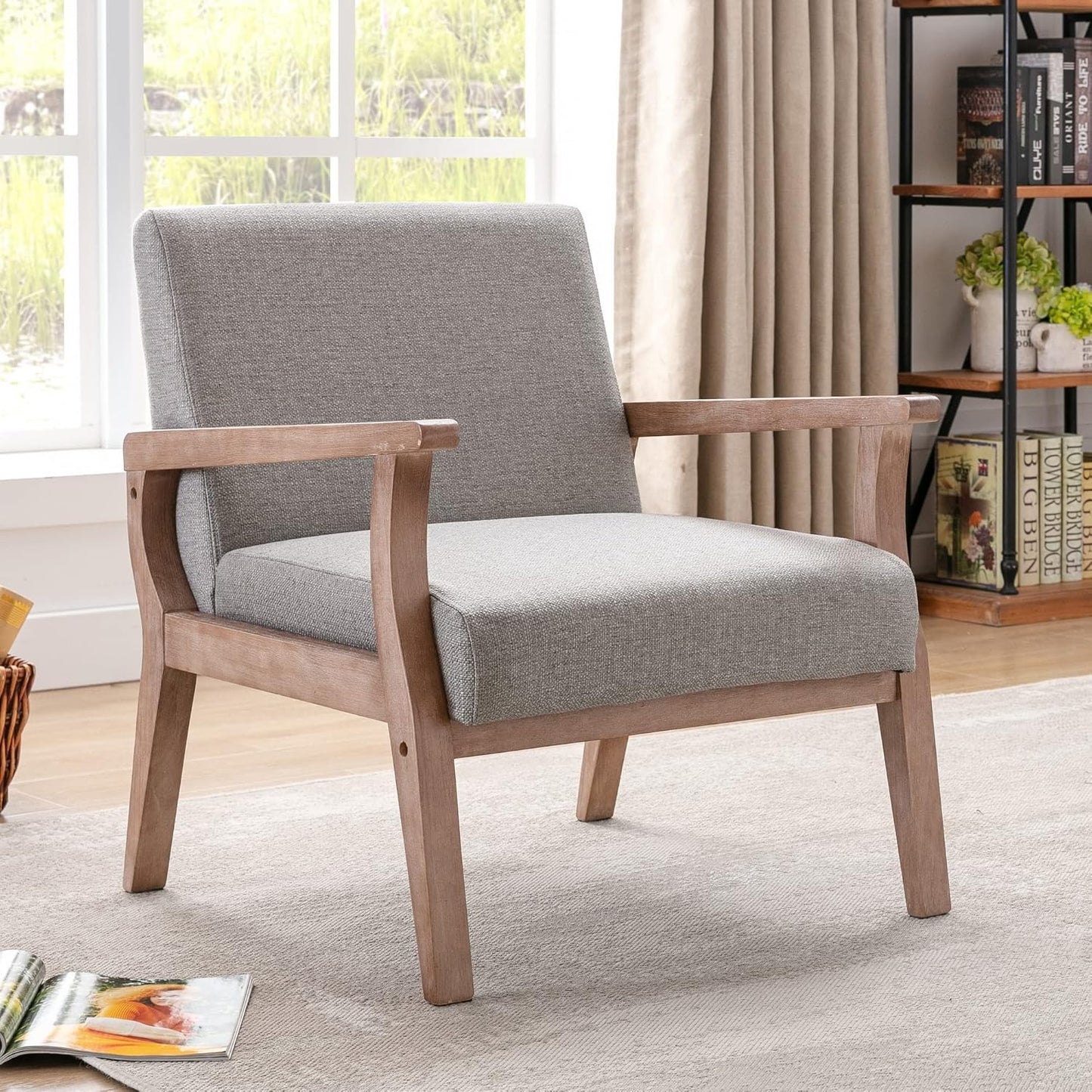 HNY Mid Century Modern Accent Chairs Set of 2 with Wood Frames, Linen Upholstered Living Room Arm Chairs for Living Room, Bedroom, Grey