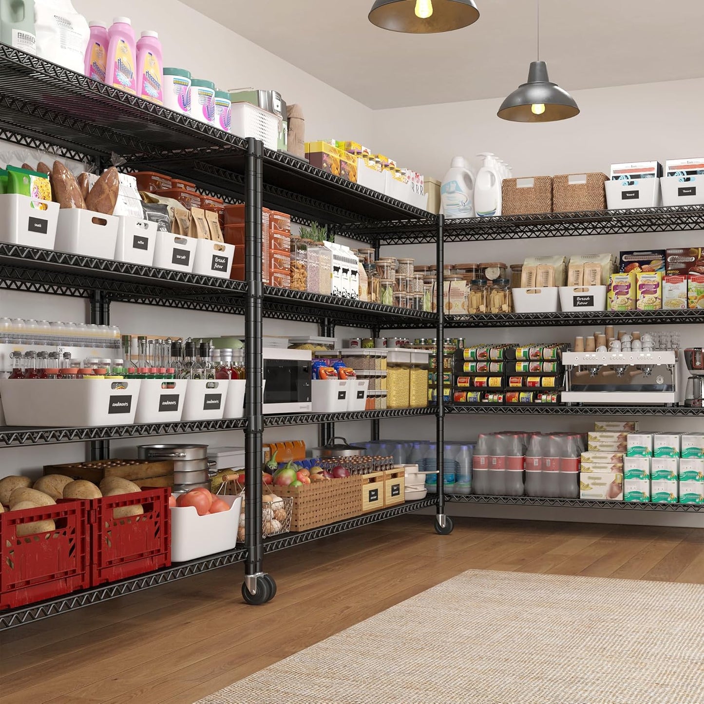 REIBII 60''W Storage Shelves 2399LBS Garage Shelving Heavy Duty with Wheels & Feet, 4 Tier Wire Shelving Adjustable Metal Shelving for Pantry Garage Kitchen Commercial Industrail, 60"W x 18"D x 65.5"H