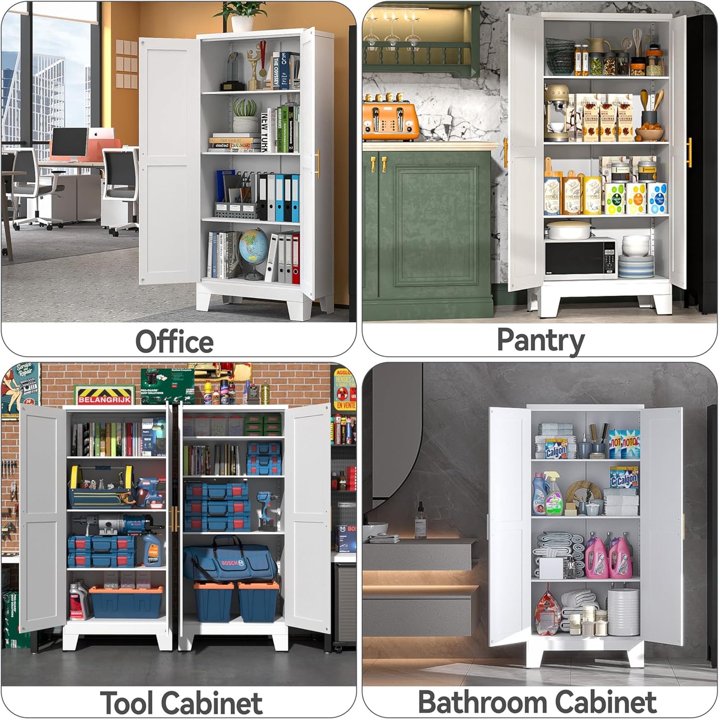 White Metal Kitchen Storage Cabinet, Kitchen Pantry Storage Cabinet with Doors and Shelves, Storage Cabinet with Adjustable Leveling Foot for Kitchen, Living Room and Dining Room. 61" H