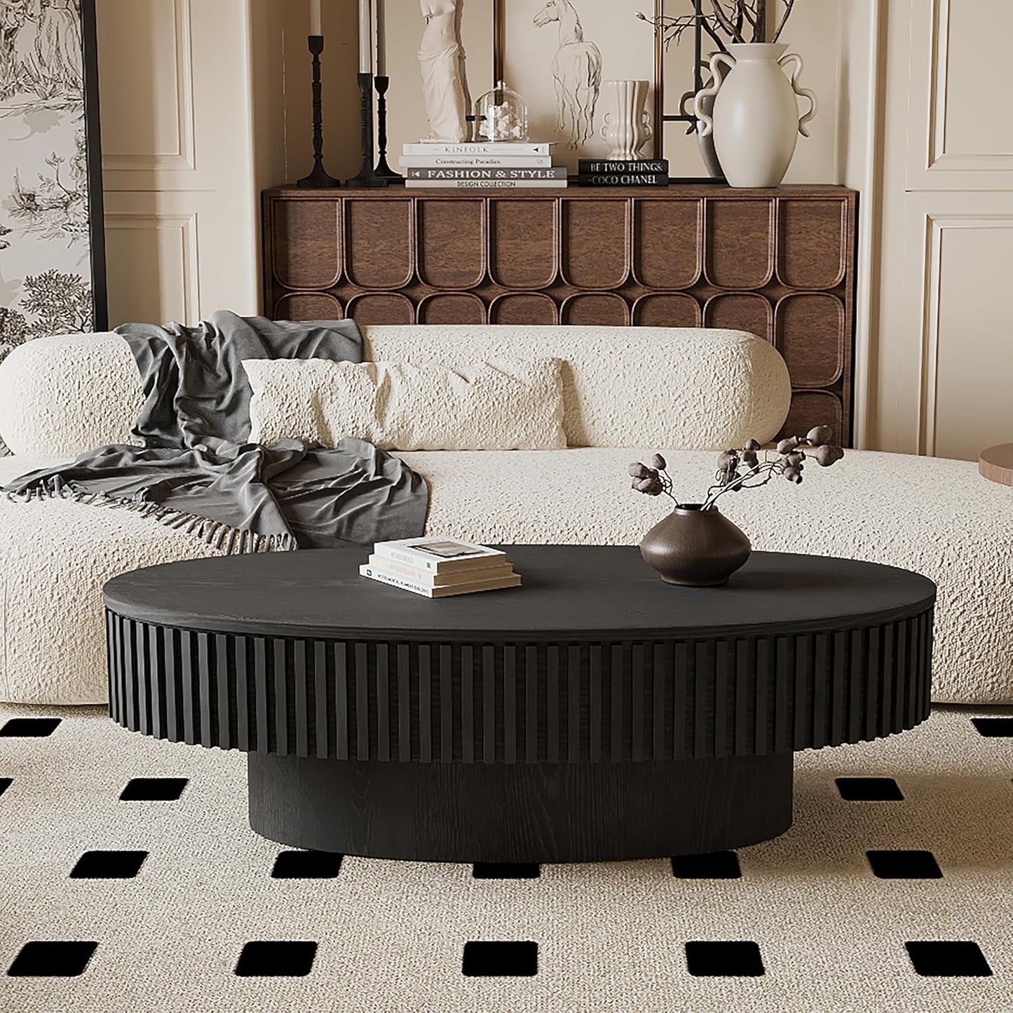 47.2''Oval Coffee Table with Storage, Mid Century Modern Fluted Drum Center Tables with Lid, Solid Wood Side Pedestal Coffee Table Tea Table for Living Room, Bedroom, Apartment-Black