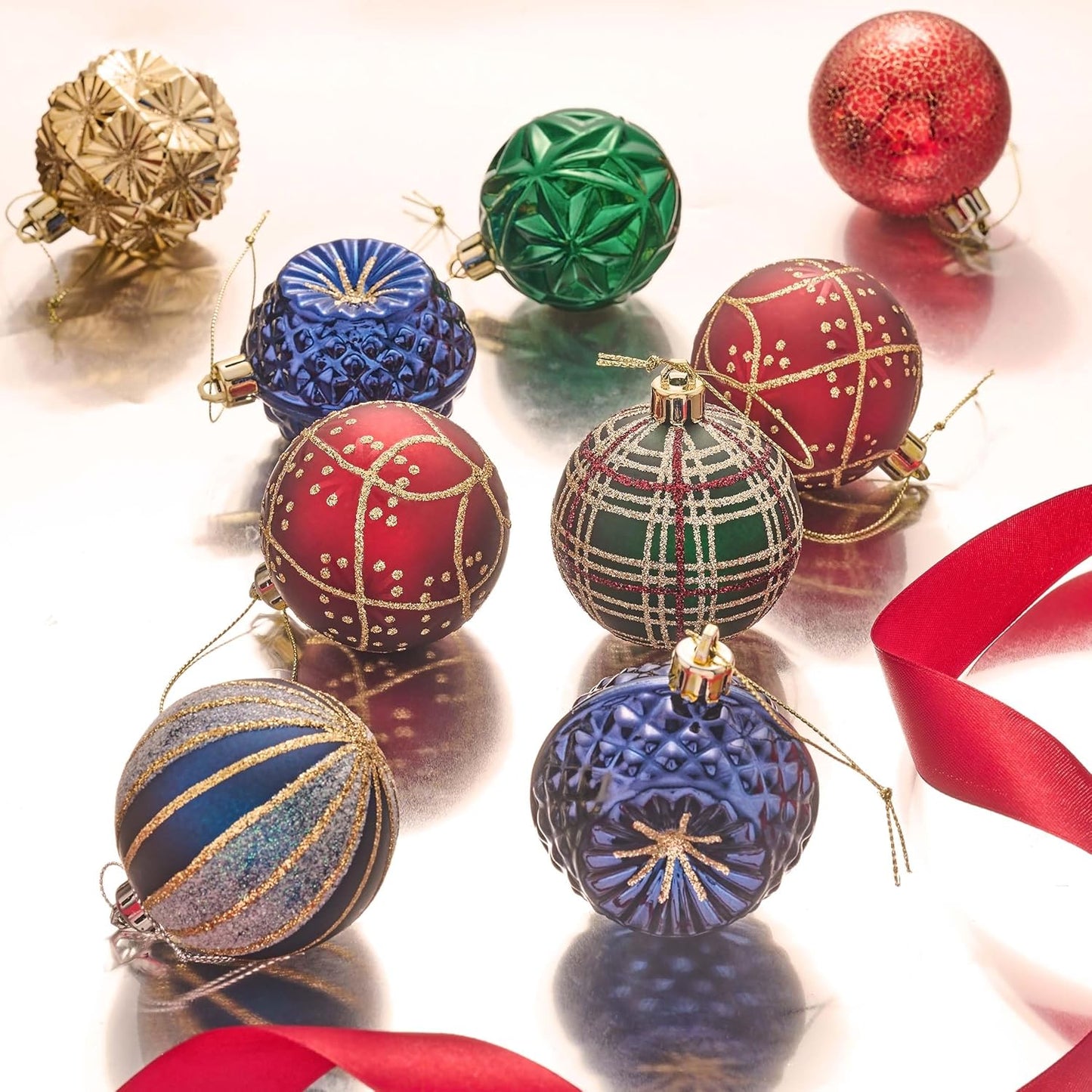 Valery Madelyn Ornaments for Christmas Trees, 16ct 2.36 Inches Red Green and Gold Shatterproof Christmas Tree Decorations, Luxury Hanging Ball Ornaments for Xmas Holiday Party Decor