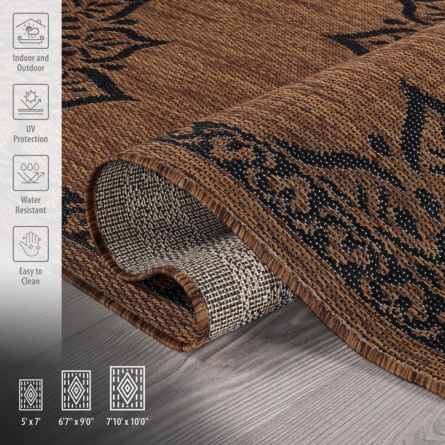 CAMILSON Outdoor Rug 8x10 Medallion Nut Brown Black Modern Area Rugs for Indoor and Outdoor Patios, Kitchen and Hallway Rug, Washable Porch Deck Outside Carpet (8 x 10)