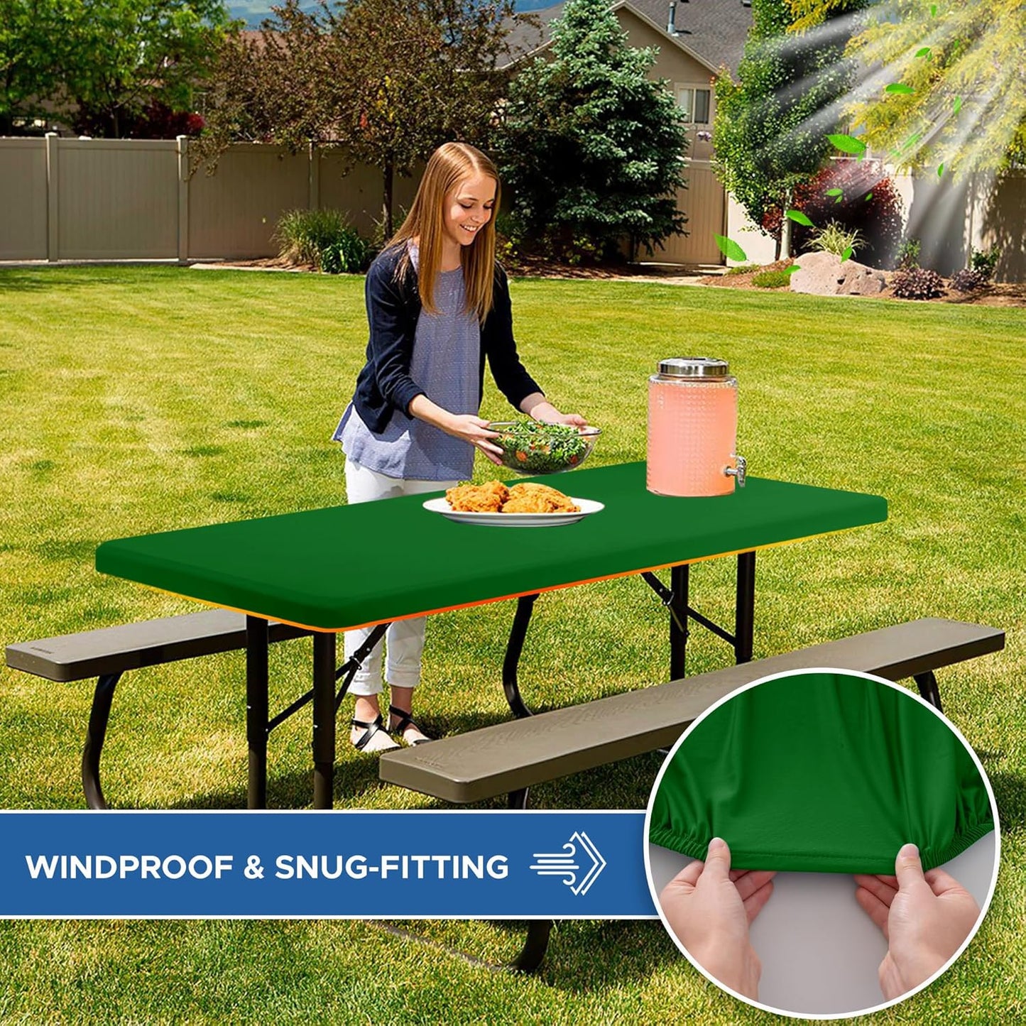 Fitted Tablecloth for 8 Foot Rectangle Tables-6 Pack Green Elastic Outdoor Picnic Table Cover-Spandex Stretch Folding Table Cloths 8ft for Camping Dining Room Patio Kitchen Banquet Party