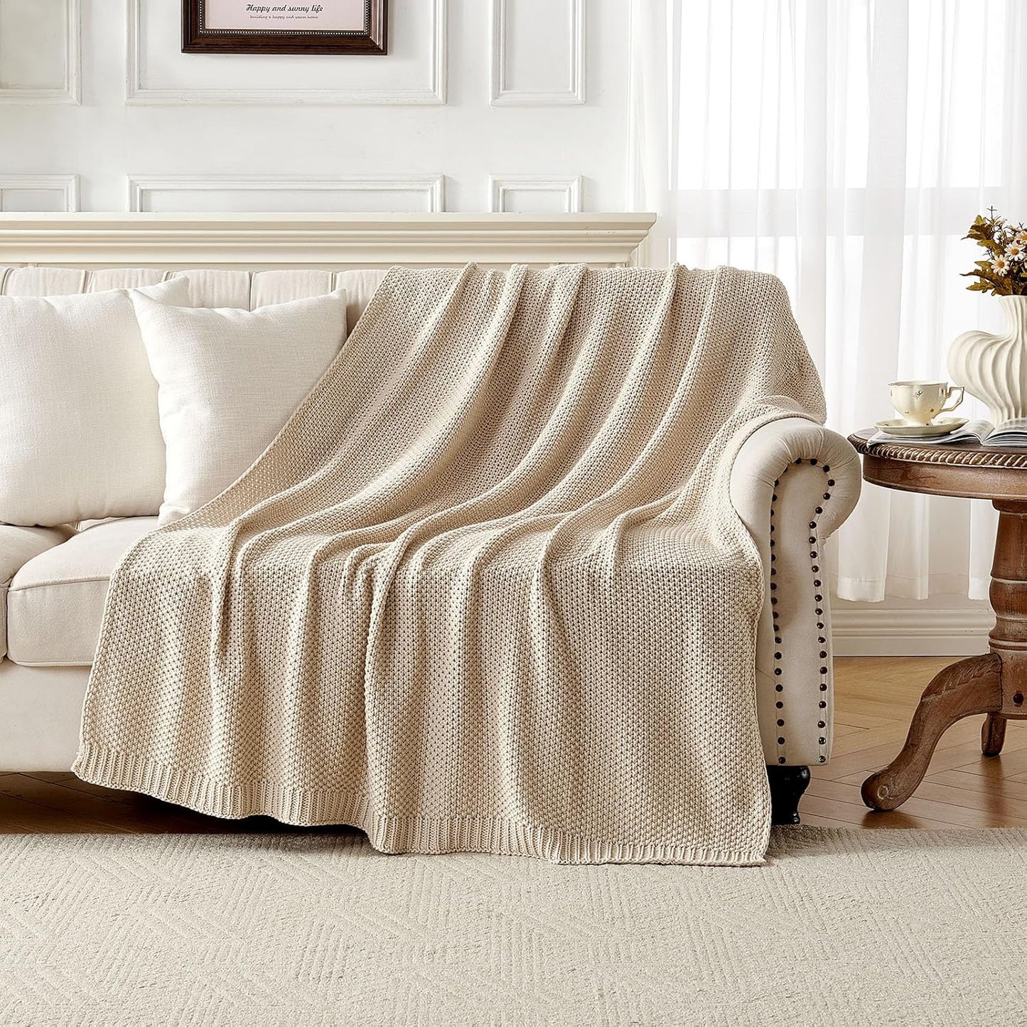 Joydeco Chunky Cable Knit Throw Blanket, Lightweight 100% Organic Cotton Soft Cozy Throw Twin Blanket for Couch Bed and Sofa, Rustic Breathable Farmhouse Blanket Gift for Women Men(Beige, 51"x63")