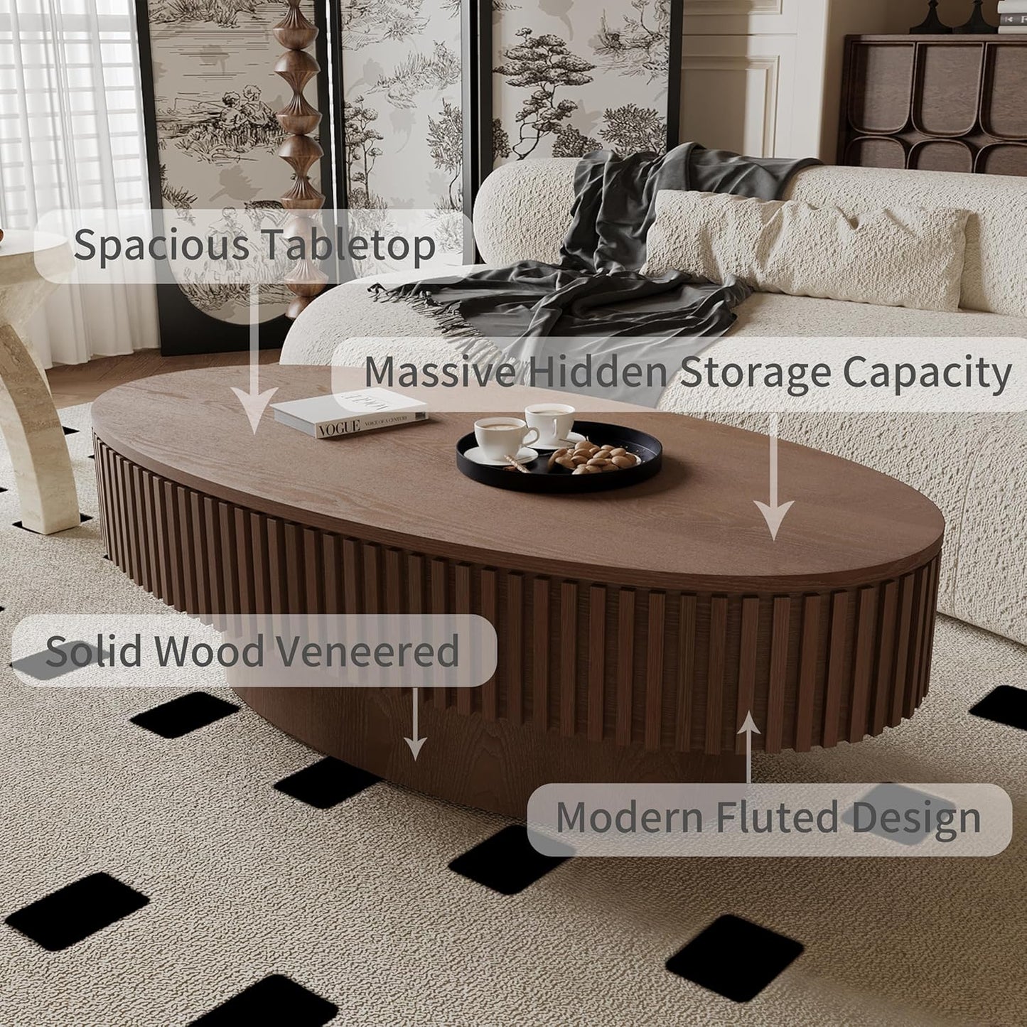 47.2''Oval Coffee Table with Storage, Mid Century Modern Fluted Drum Center Tables with Lid, Solid Wood Side Pedestal Coffee Table Tea Table for Living Room, Bedroom, Apartment-Walnut