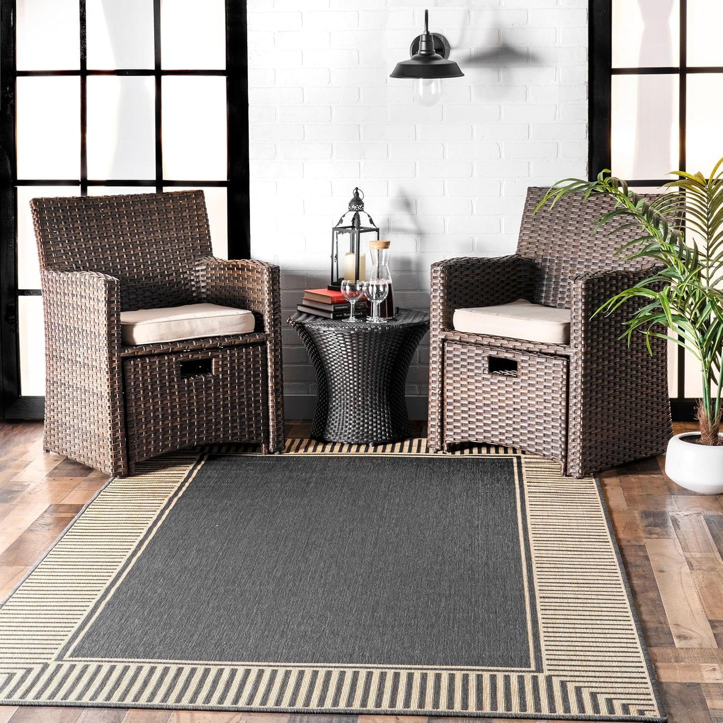 nuLOOM 2' x 3' Outdoor Area Rug, Casual Design With Striped Border, Stain Resistant, Highly Durable, For Patio, Balcony, Bedroom, Living Room, Dining Room, Bathroom, Dark Grey
