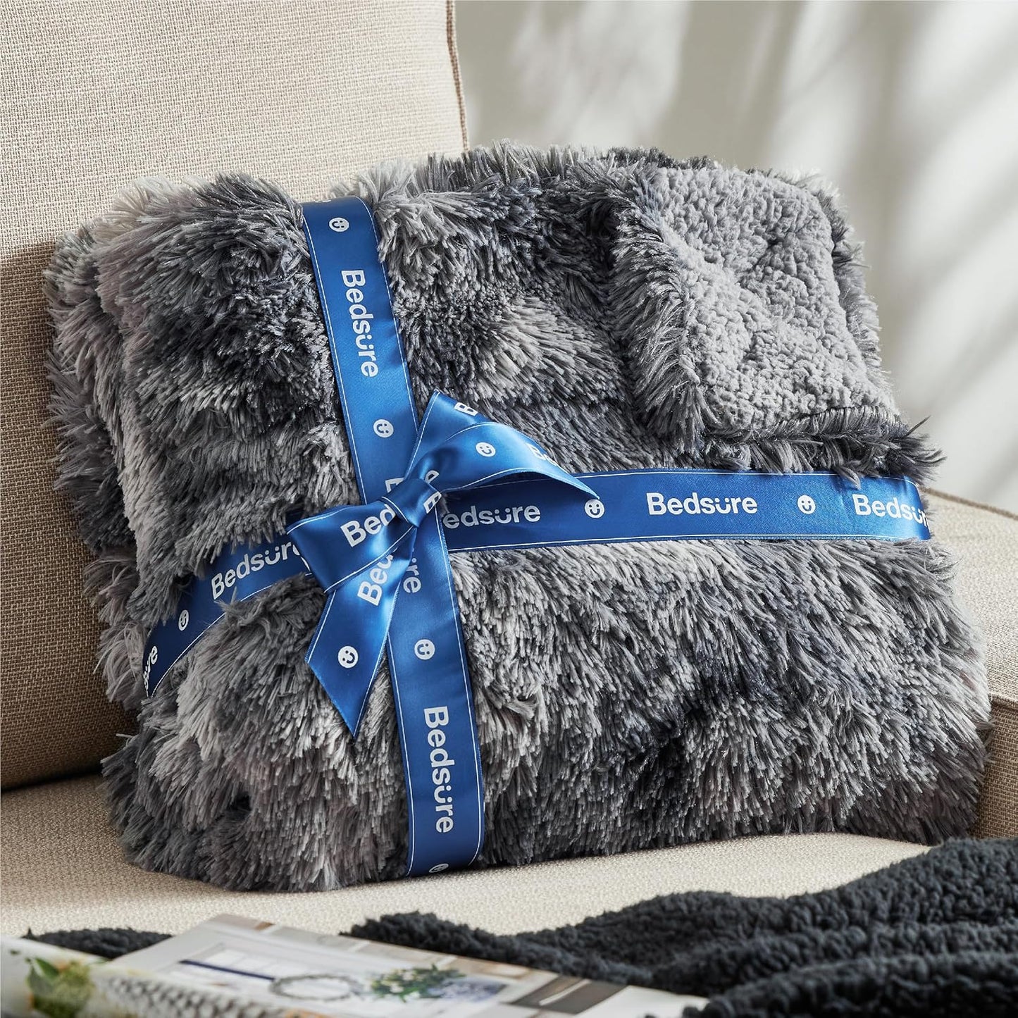 Bedsure GentleSoft Fuzzy Faux Fur Sherpa Fleece Blanket Twin Size, Plush Thick Warm Twin Blanket for Bed, College Dorm Essentials Gifts for Girls Boys, Tie Dye Grey Decor for Winter, 60x80