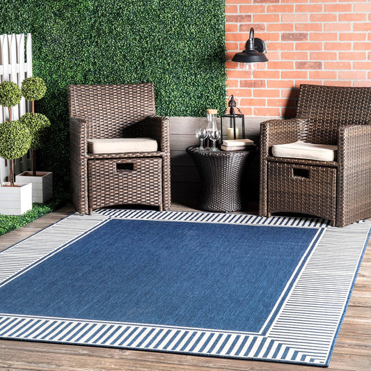 nuLOOM 3'6" x 5' Outdoor Area Rug, Casual Design With Striped Border, Stain Resistant, Highly Durable, For Patio, Balcony, Bedroom, Living Room, Dining Room, Bathroom, Navy