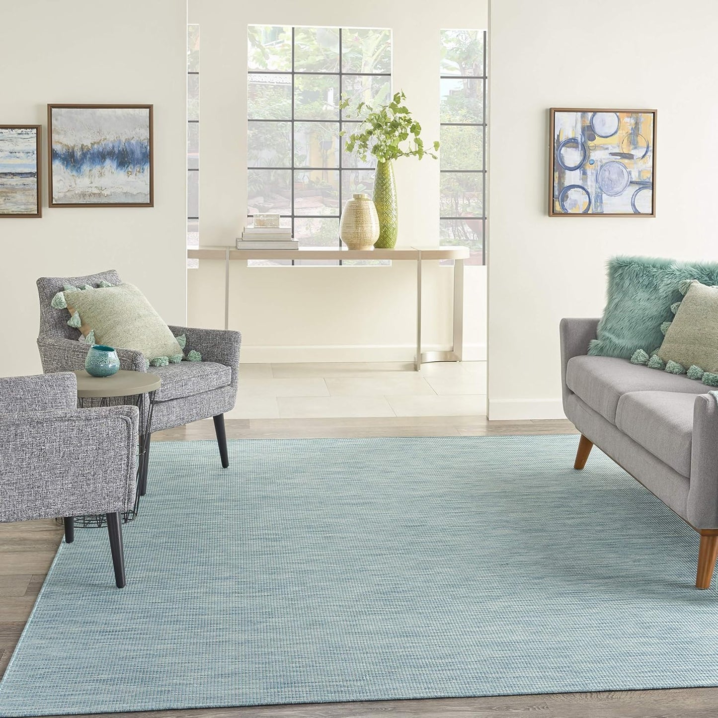 Nourison Positano Indoor/Outdoor Aqua 8' x Round Area Rug, Easy Cleaning, Non Shedding, Bed Room, Living Room, Dining Room, Backyard, Deck, Patio (8 Round)