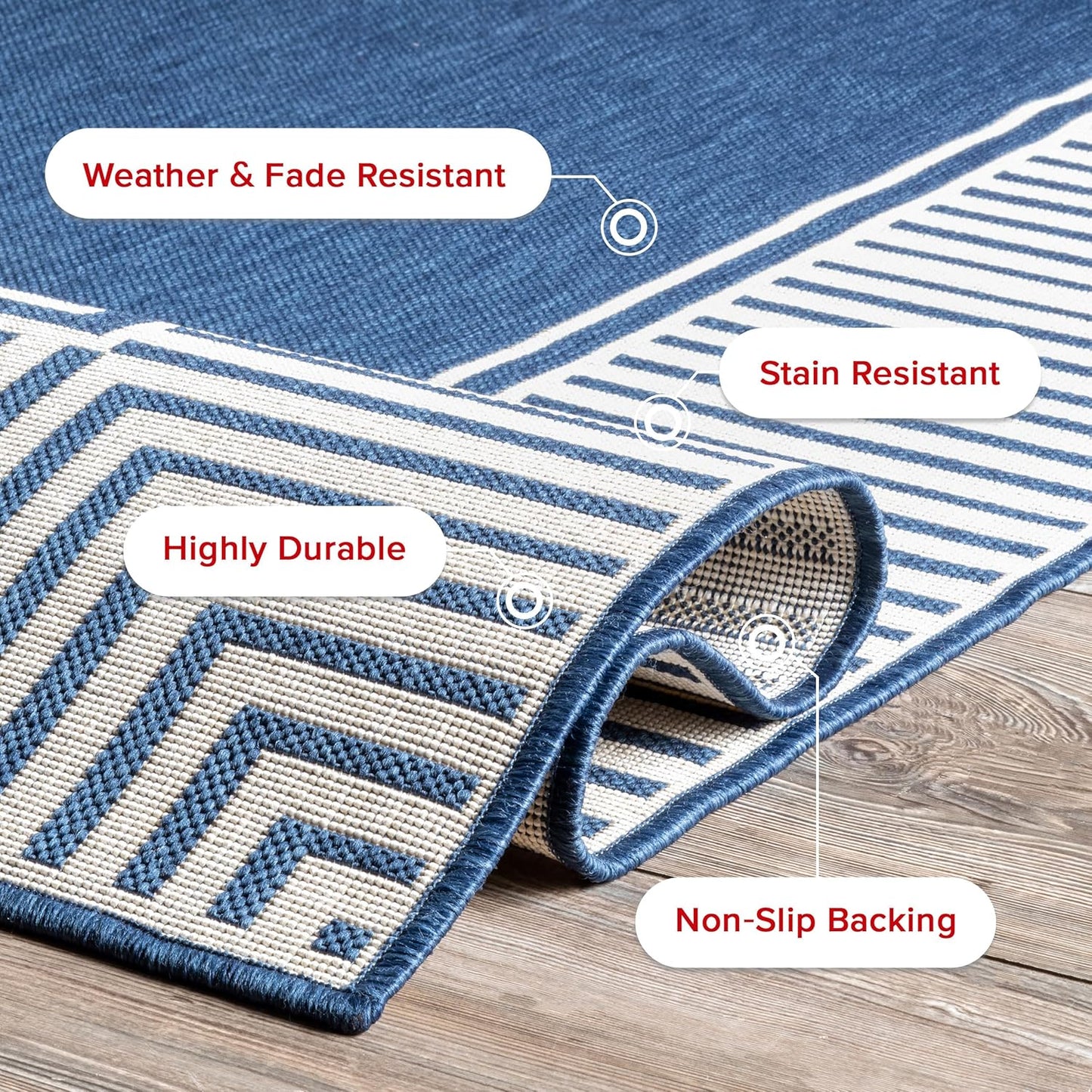 nuLOOM 4' x 6' Outdoor Area Rug, Casual Design With Striped Border, Stain Resistant, Highly Durable, For Patio, Balcony, Bedroom, Living Room, Dining Room, Bathroom, Navy