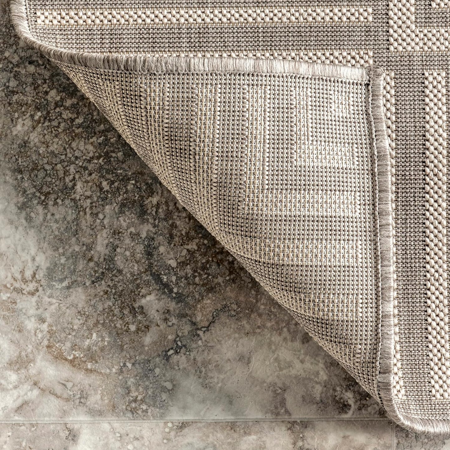 nuLOOM 2' x 8' Outdoor Area Rug, Casual Design with Striped Border, Stain Resistant, Highly Durable, for Patio, Balcony, Bedroom, Living Room, Dining Room, Bathroom, Light Grey